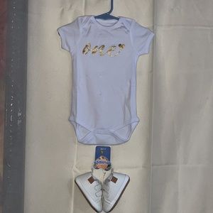 BBK White Onesie 6-12 MTH with White Shoes 6-12 Mth ((2 piece set) New with Tags